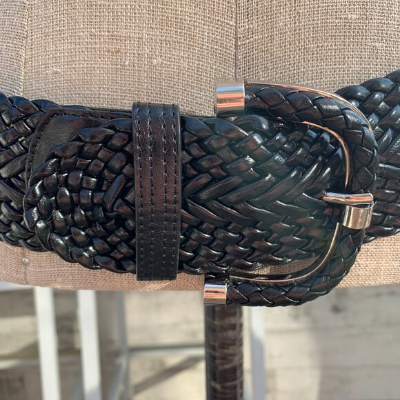 Black Braided Faux Leather Elastic Back Wide Statement Cinch Belt - Picture 2 of 10